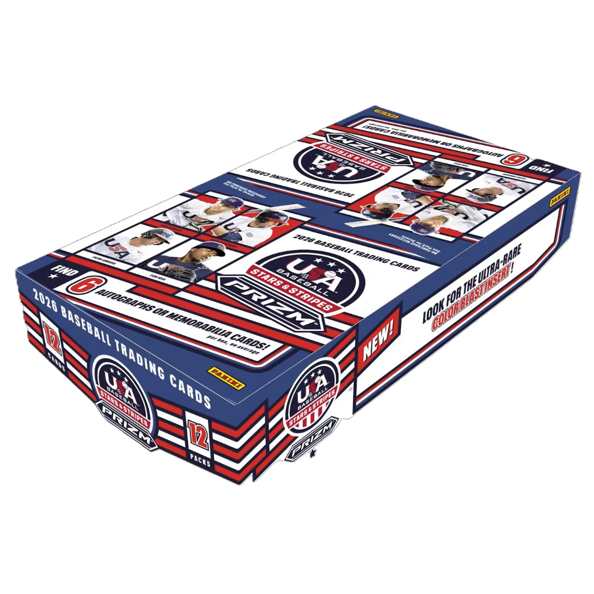 Hobby box of 2026 Stars & Stripes Prizm baseball cards with patriotic red, white, and blue packaging