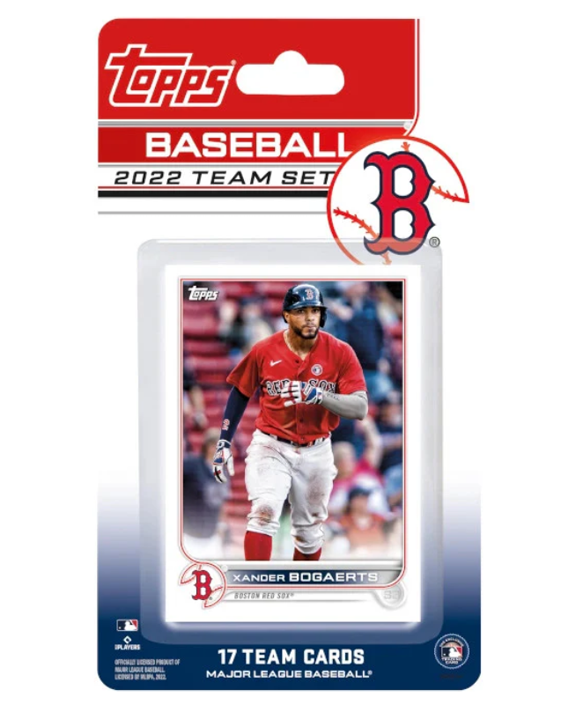 2022 Topps baseball team set box and stacked Boston Red Sox cards fanned out on a white background