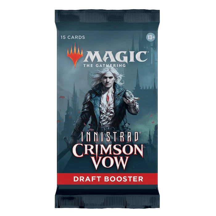 Opened Magic: The Gathering draft booster pack spilling foil and regular Innistrad: Crimson Vow cards on a dark tabletop