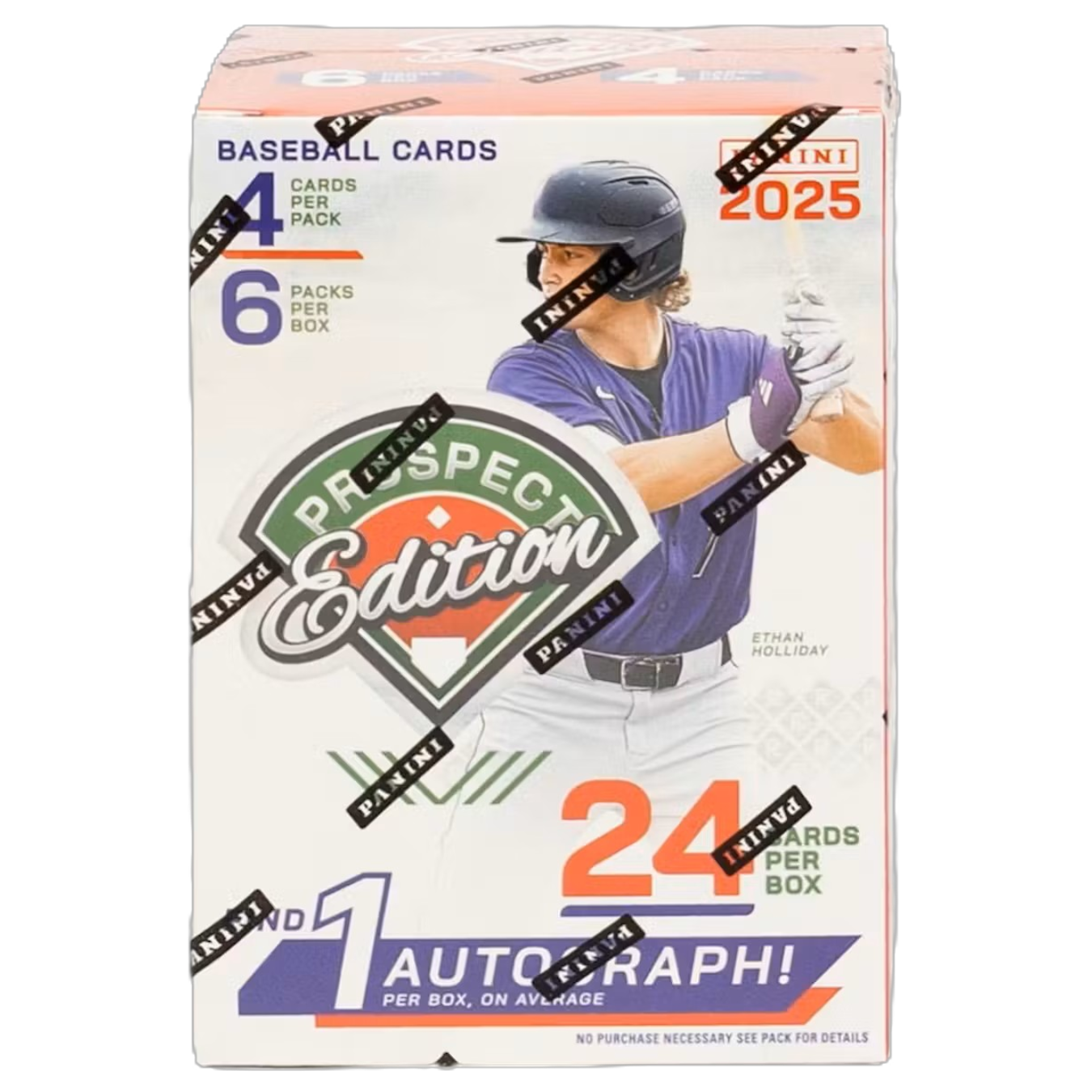 Box of 2025 baseball prospect trading cards with colorful player images and bold lettering on the front