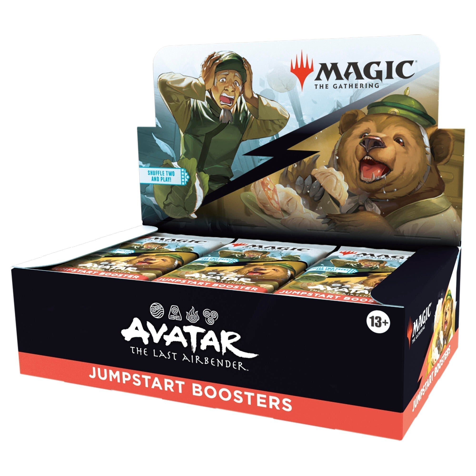 Stacked booster display box for Avatar: The Last Airbender Jumpstart showing colorful element-themed card art
