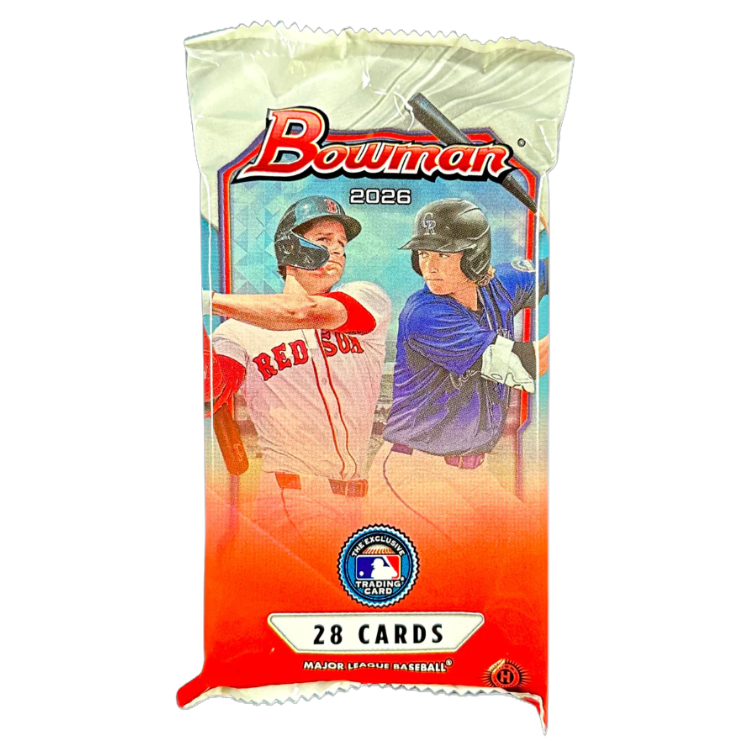 Box of 2026 Bowman Baseball Jumbo Packs with colorful rookie card inserts spilling out