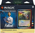 Deck box and cards from a science-themed Commander deck with futuristic lab artwork and energy symbols