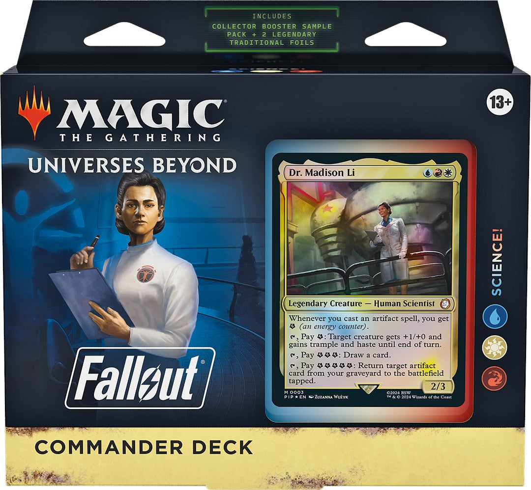 Deck box and cards from a science-themed Commander deck with futuristic lab artwork and energy symbols