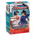 2026 Bowman Baseball blaster box with colorful player artwork and sealed plastic wrap on display