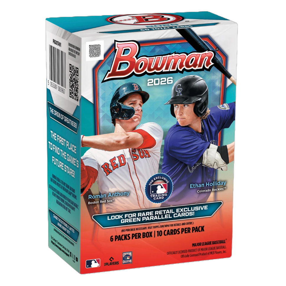 2026 Bowman Baseball blaster box with colorful player artwork and sealed plastic wrap on display