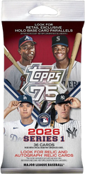 2026 baseball jumbo value pack showing sealed card packets with colorful player graphics and Topps logo