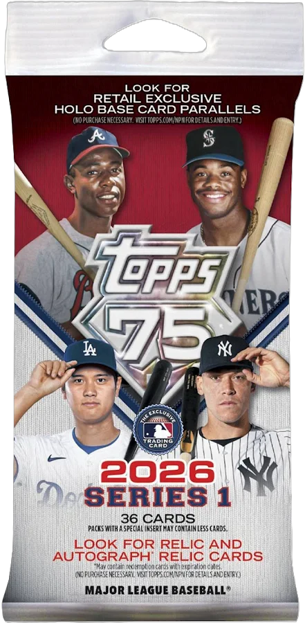 2026 baseball jumbo value pack showing sealed card packets with colorful player graphics and Topps logo