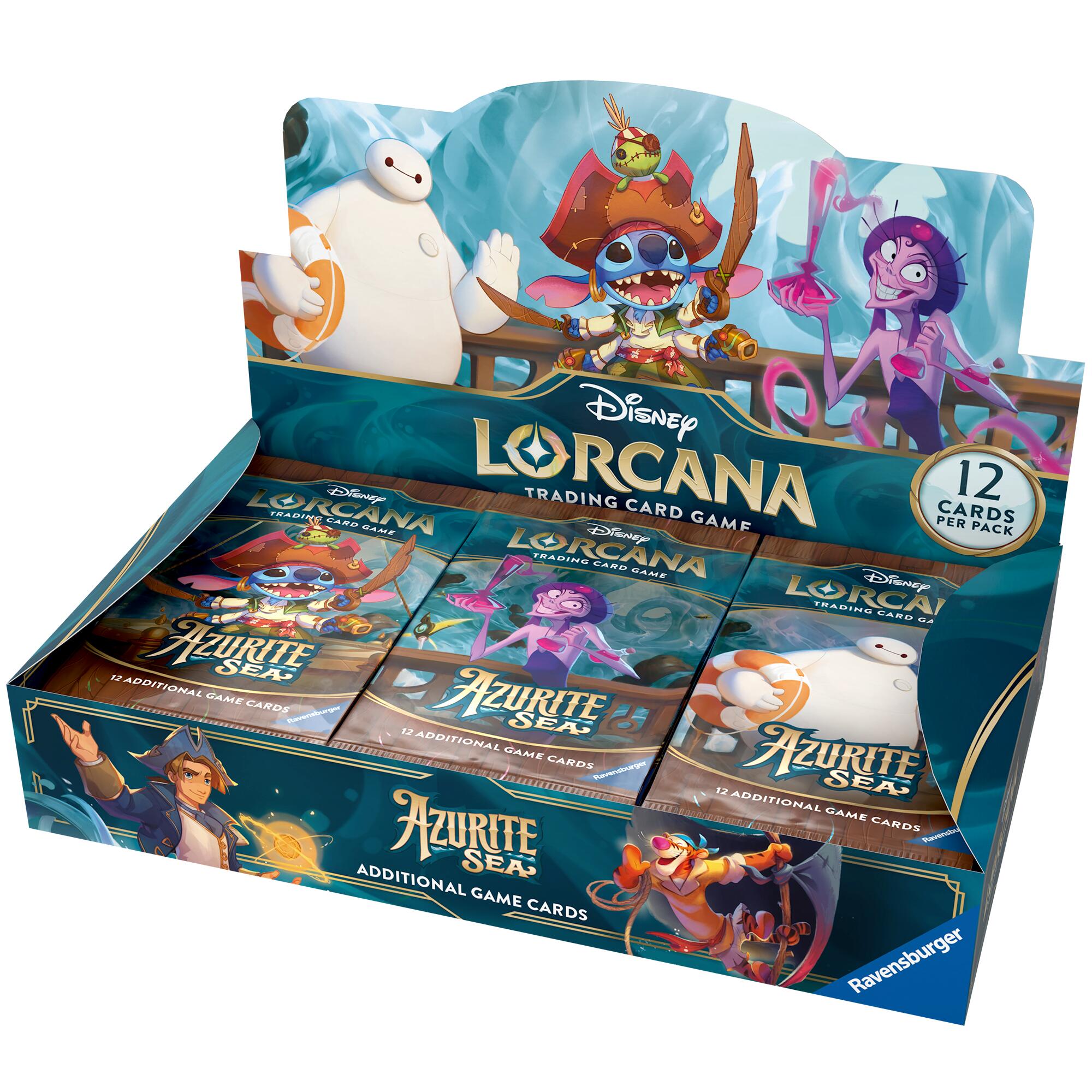 Blue-green azurite booster box with vivid gemstone artwork stacked on a white background