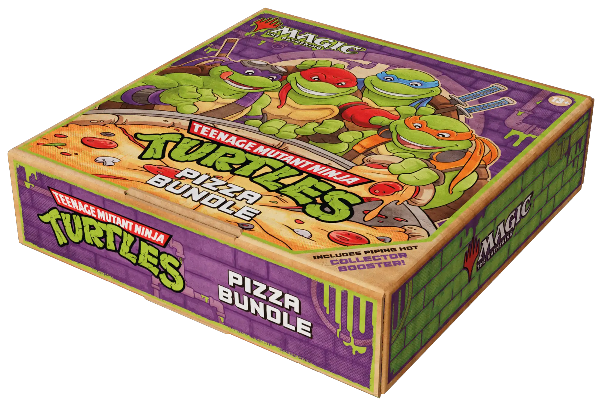 Stacked Magic: The Gathering card sleeves and booster packs with Teenage Mutant Ninja Turtles pizza-themed artwork on a wooden table