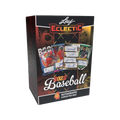 Opened hobby box showing sealed baseball card packs, foil accents, and checklist insert on a wooden table