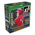 Open mega box of 2026 baseball cards with colorful rookie and insert cards spilling from inner pack wrappers