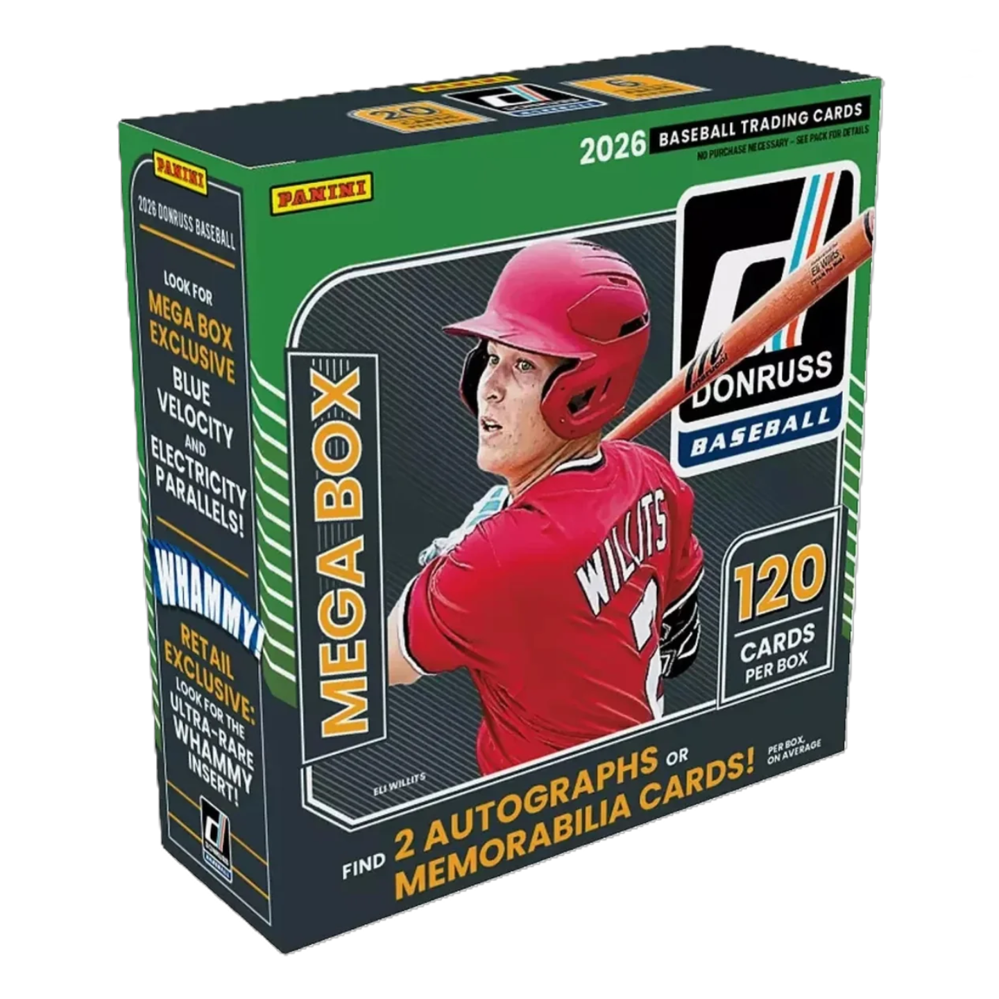 Open mega box of 2026 baseball cards with colorful rookie and insert cards spilling from inner pack wrappers