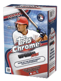 Blaster box of 2025 chrome update baseball cards featuring holographic topps-style graphics and sealed packaging