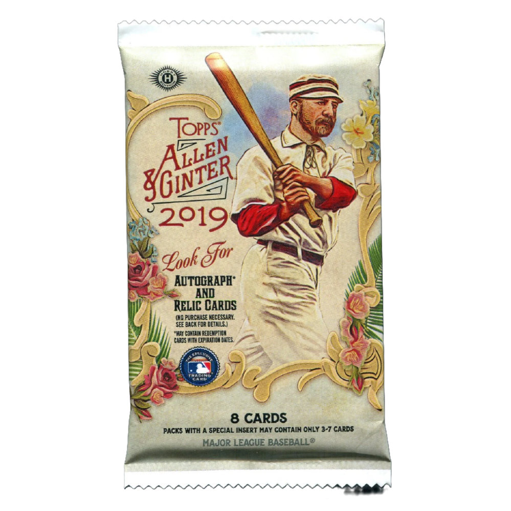 Assorted 2019 baseball cards fanned out over a wooden surface showing colorful player images and stats