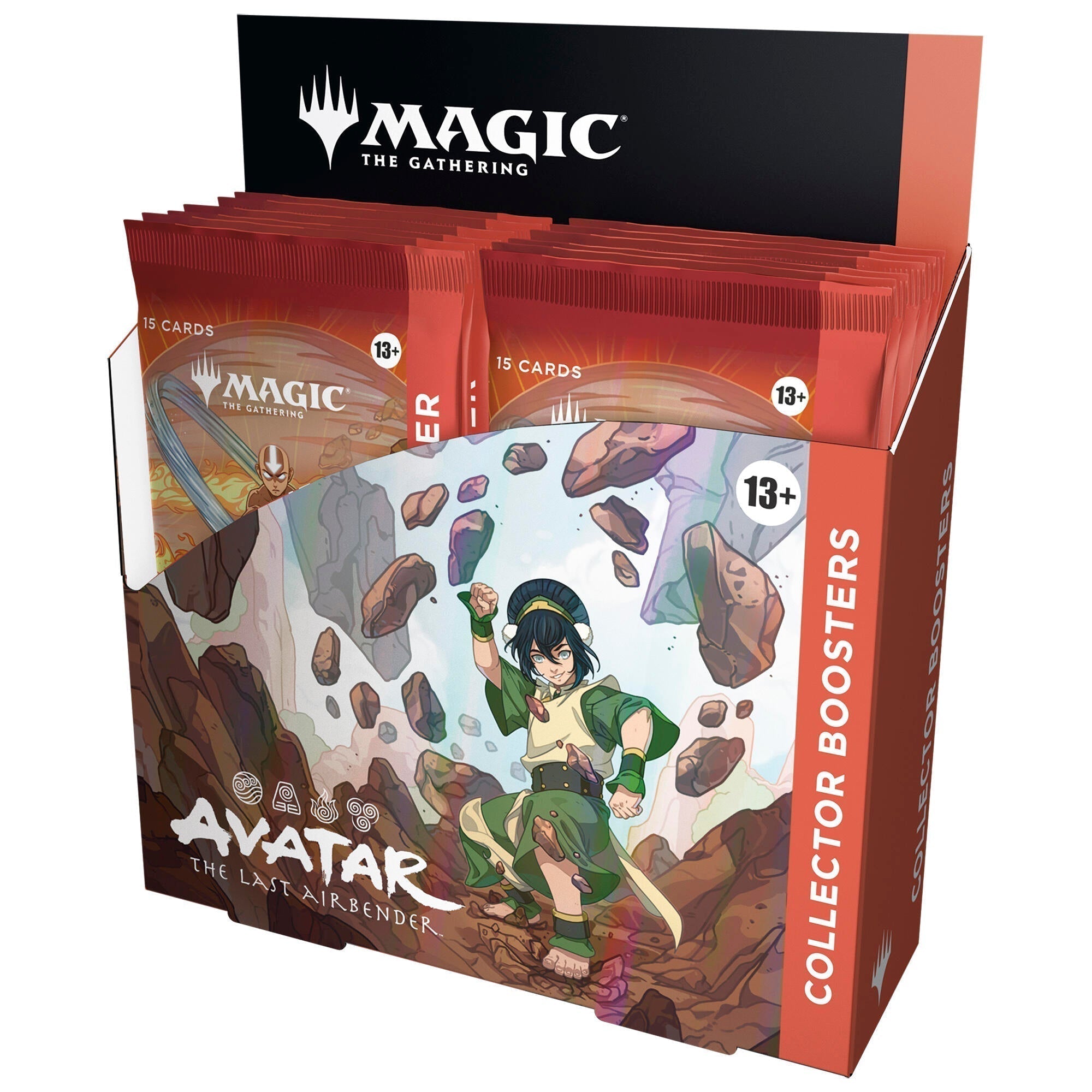 Display pack of collectible Avatar: The Last Airbender booster cards in colorful fantasy-themed packaging