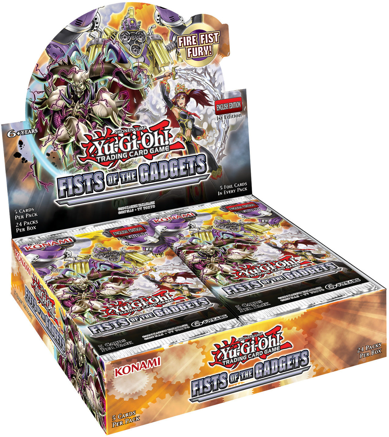Colorful booster box featuring sci-fi gadget artwork and bold title text, packed with collectible trading cards
