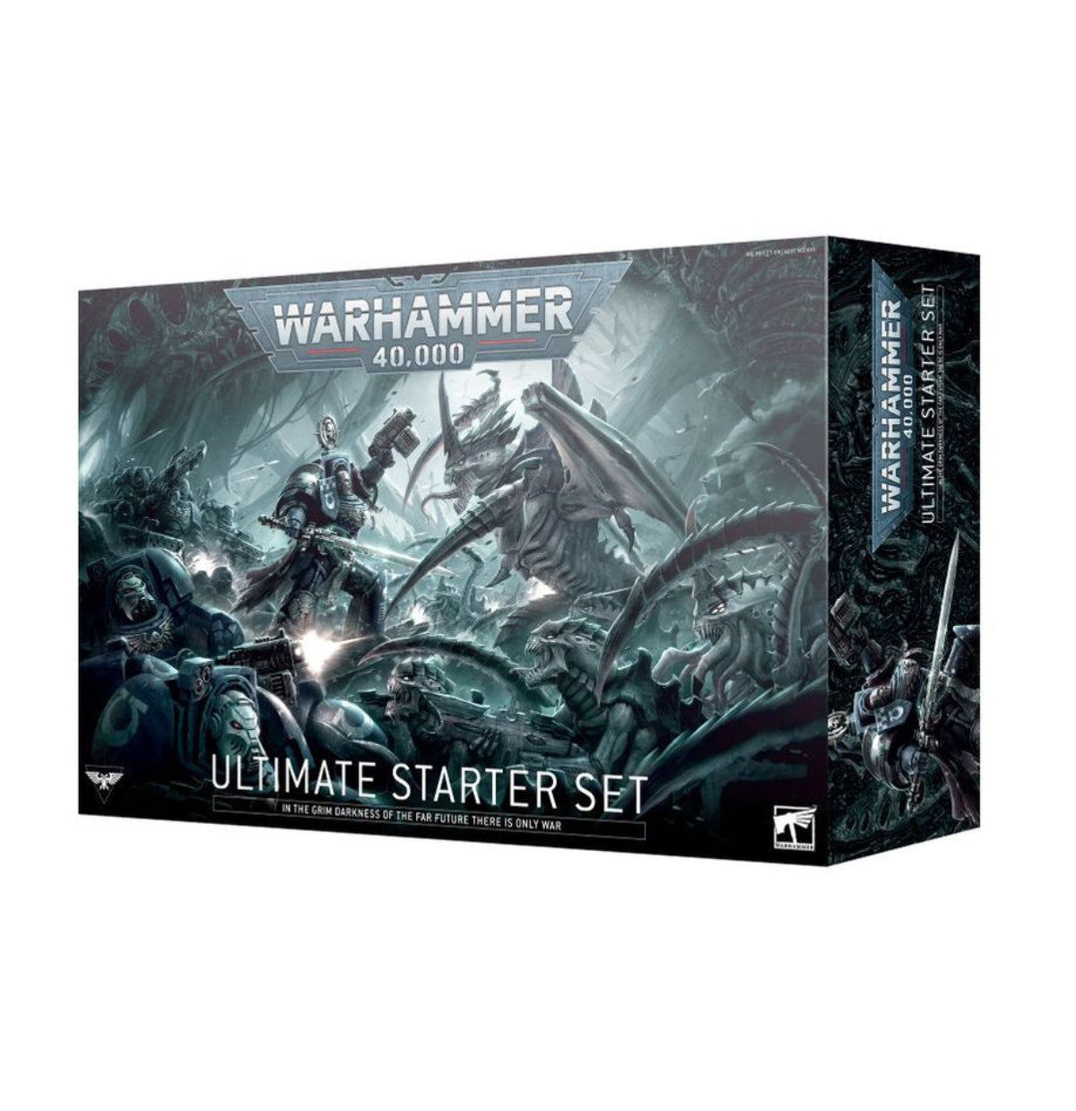 Damaged Warhammer 40,000 starter box with miniature sprues and rulebook visible, dinged corner on box