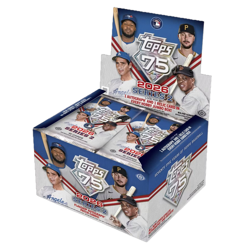 Open baseball jumbo box displaying stacked 2026 Series 2 trading card packs with colorful team graphics