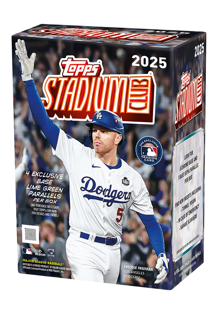 Blaster box of 2025 baseball trading cards from Topps Stadium Club with colorful player photography on the front