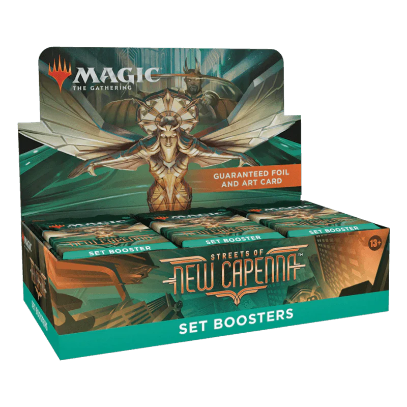 Sealed cardboard box of collectible trading card set booster packs with ornate fantasy artwork
