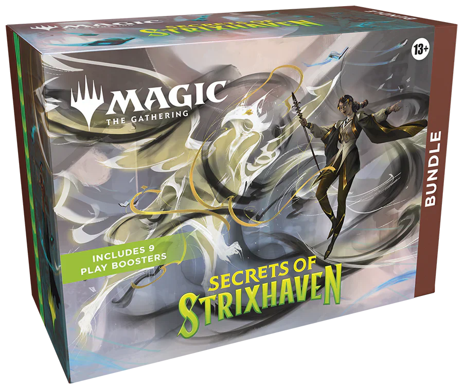 Display of a sealed Magic: The Gathering Strixhaven Primedexi edition bundle box with colorful arcane artwork