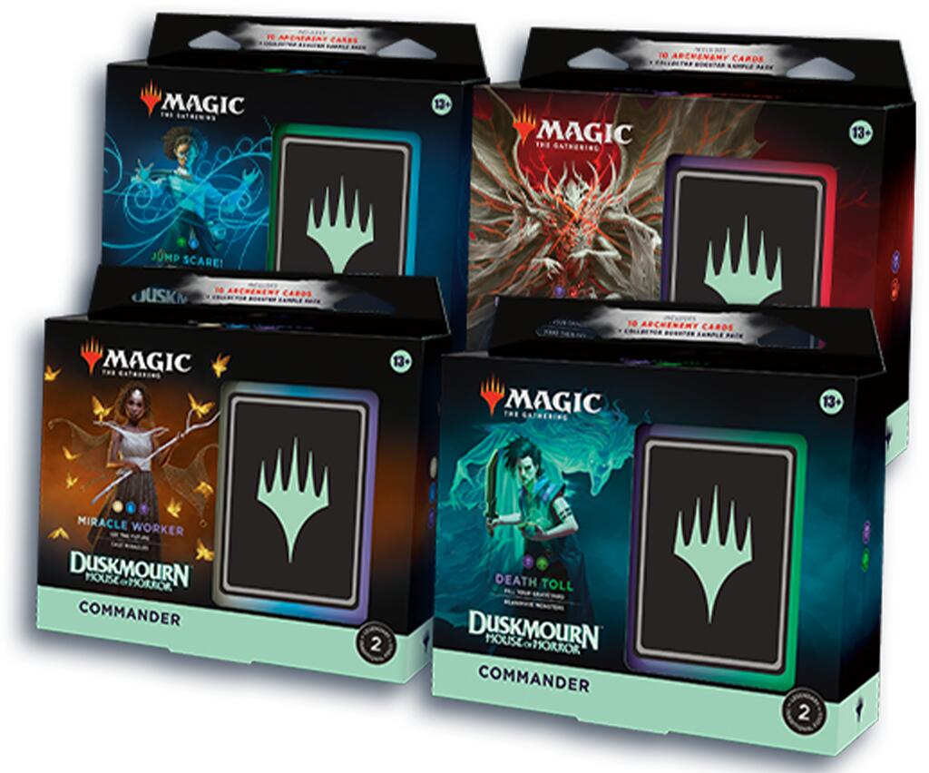 Ornate commander deck box with duskmourn horror artwork, dark gothic palette and metallic accents on display