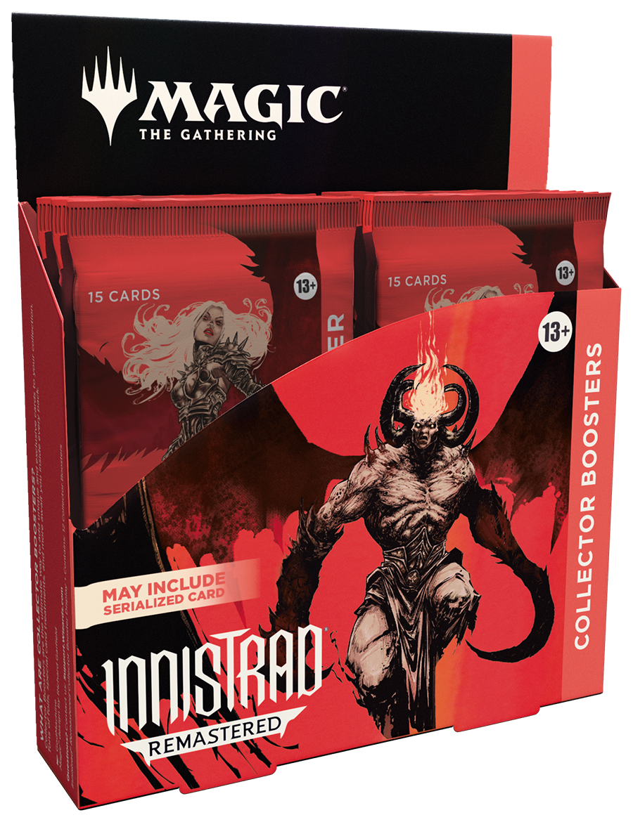 Open collector booster display box with colorful trading card artwork spilling out across a tabletop