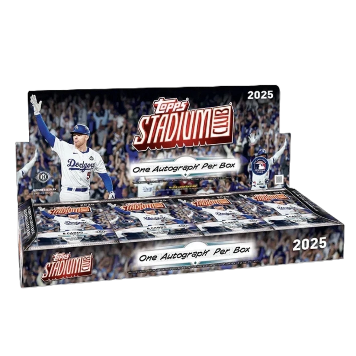 Sealed 2025 Topps Stadium Club baseball hobby box with vivid player photos on the packaging