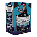 Blaster box of 2024 Prizm baseball trading cards with colorful holographic card peeking from the packaging