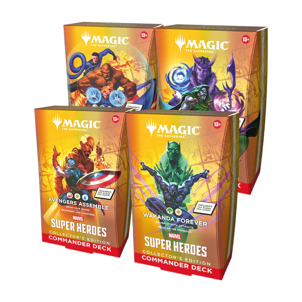 Collector Commander deck box featuring Marvel Super Heroes art with bold character illustrations and logo