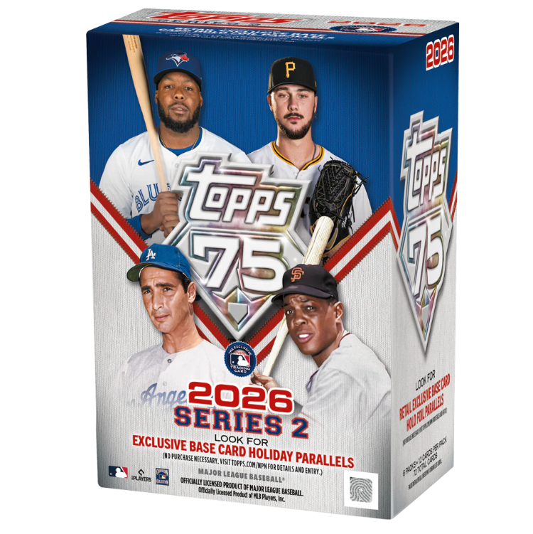 2026 baseball hobby blaster box with colorful player card artwork and sealed foil packaging on white background.