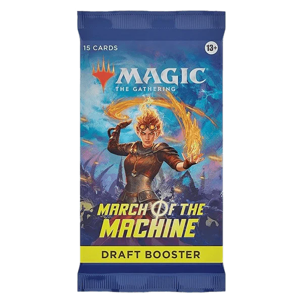 Close-up of a colorful Magic: The Gathering March of the Machine draft booster pack with dramatic artwork