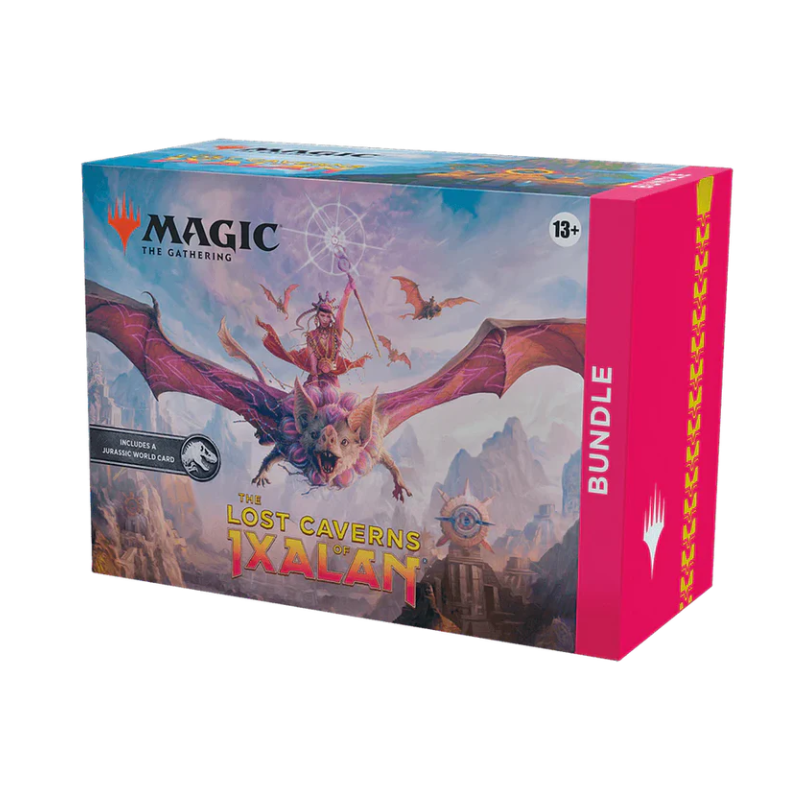 Bundle box for a trading card game expansion showing colorful jungle and cavern artwork with emblem and cards peeking out