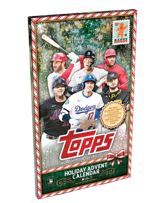 Holiday-themed advent calendar box featuring 25 numbered doors with baseball card artwork and festive decorations