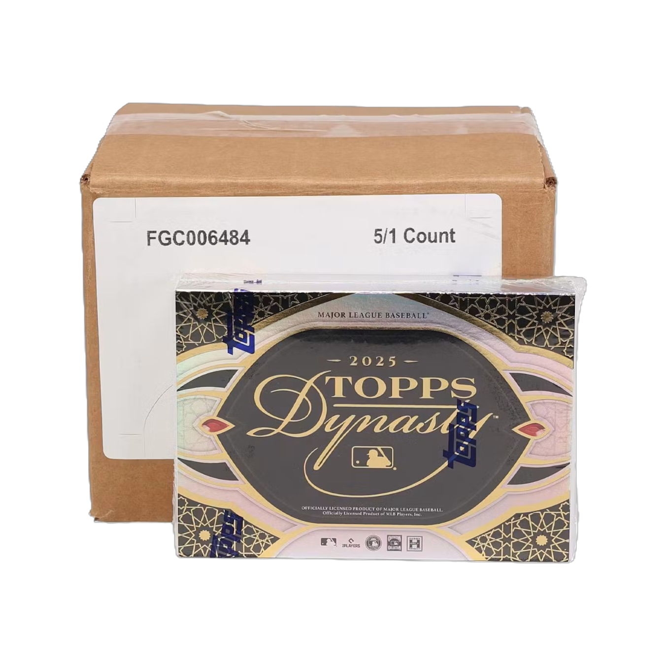 Five unopened 2025 baseball card hobby boxes arranged in a row with colorful team logos and foil accents