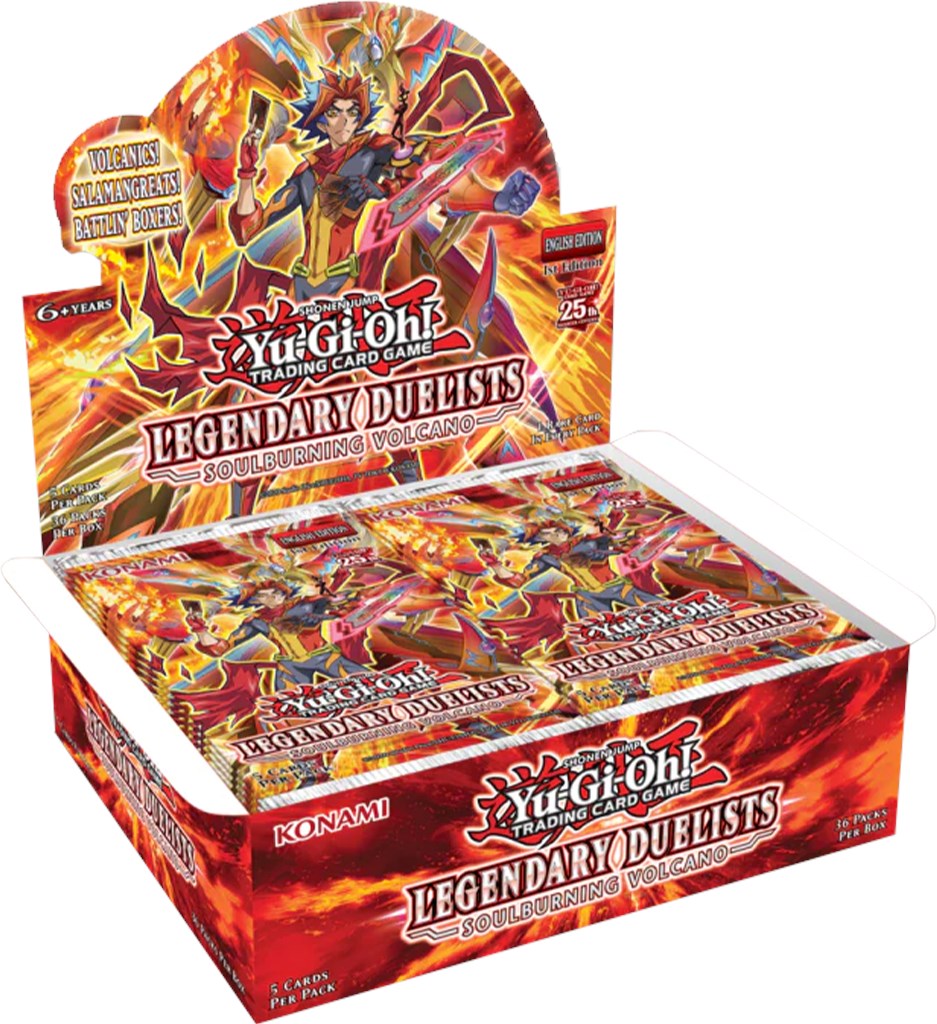 Booster box of trading card packs with fiery volcanic artwork stacked on a tabletop