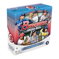 Closed hobby case of 2025 Bowman Baseball Mega Box with colorful team logos and player images on the box