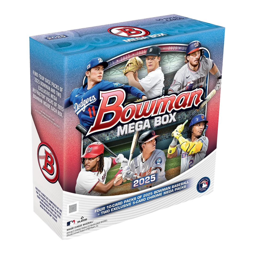 Closed hobby case of 2025 Bowman Baseball Mega Box with colorful team logos and player images on the box