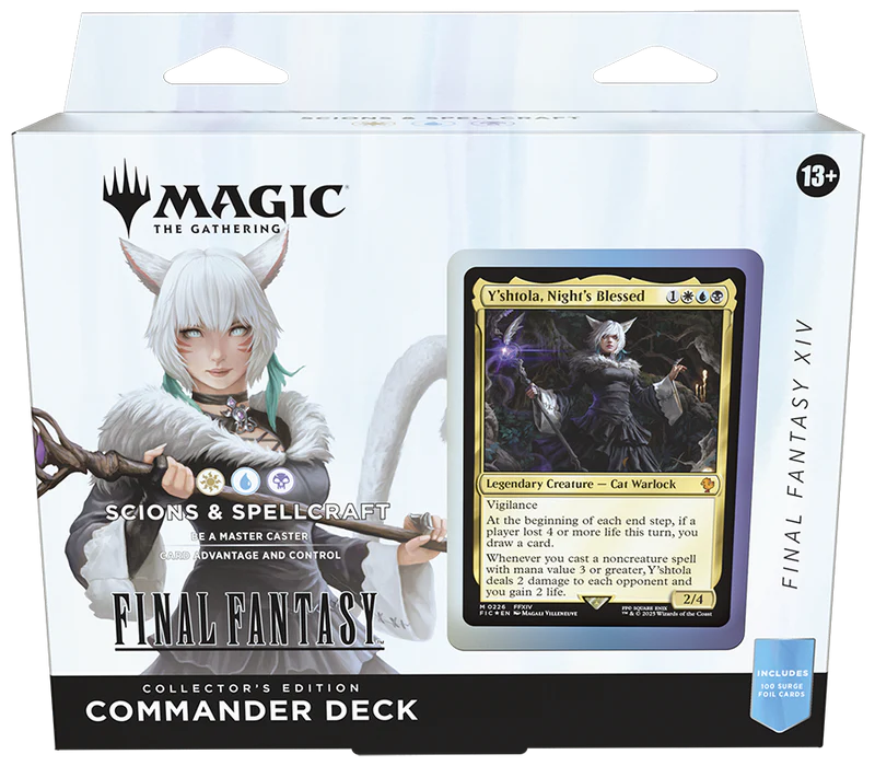 Commander deck box art featuring Y'shtola in white robes holding a staff with moonlit cityscape behind her