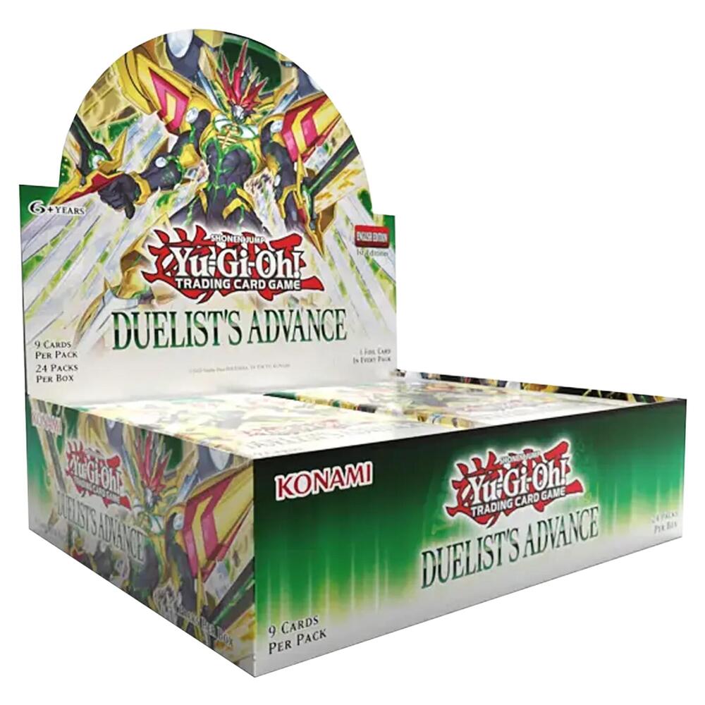Deck-box style booster pack tray featuring Duelist's Advance 1st Edition booster box artwork with card foil accents