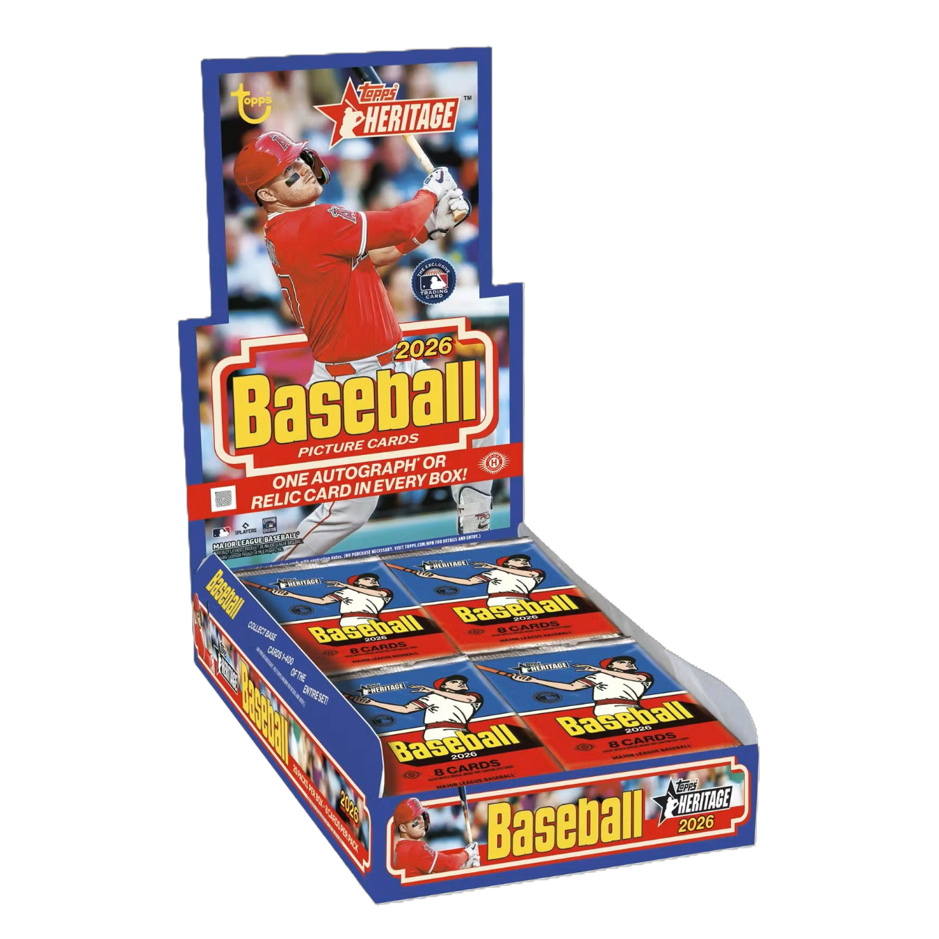 2026 retro-style baseball card box with colorful team logos and vintage design on a shelf