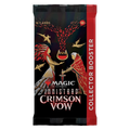 Close-up of a Magic: The Gathering Innistrad Crimson Vow collector booster pack with gothic artwork and dark red accents