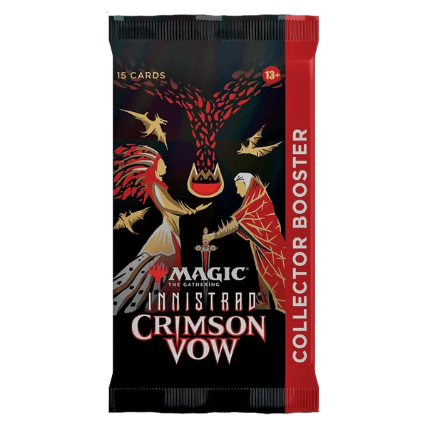 Close-up of a Magic: The Gathering Innistrad Crimson Vow collector booster pack with gothic artwork and dark red accents
