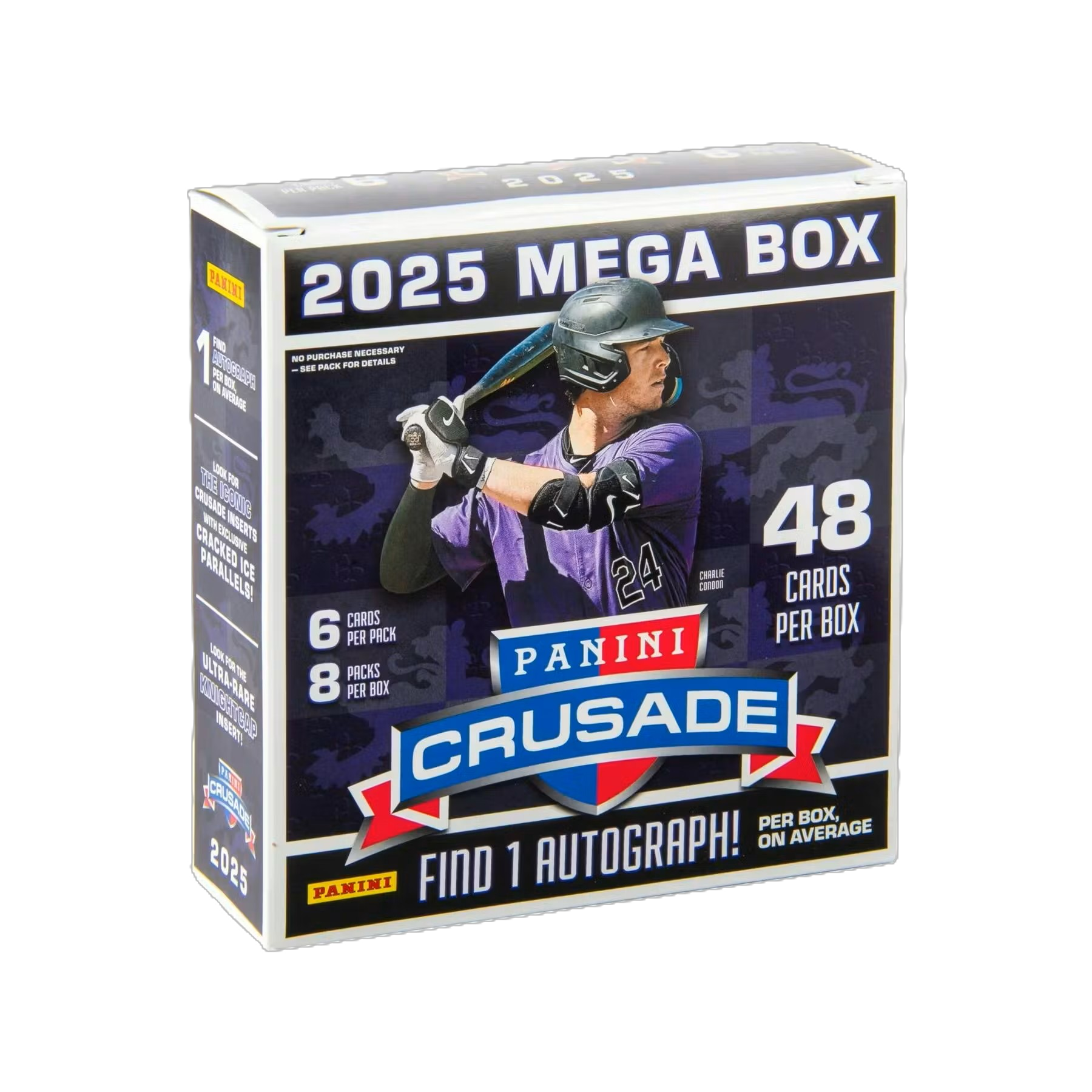 Sealed 2025 baseball trading card mega box in shrink wrap with bold Crusade logo on front