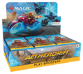 Display box of collectible Aetherdrift play booster packs with illustrated winged creature artwork