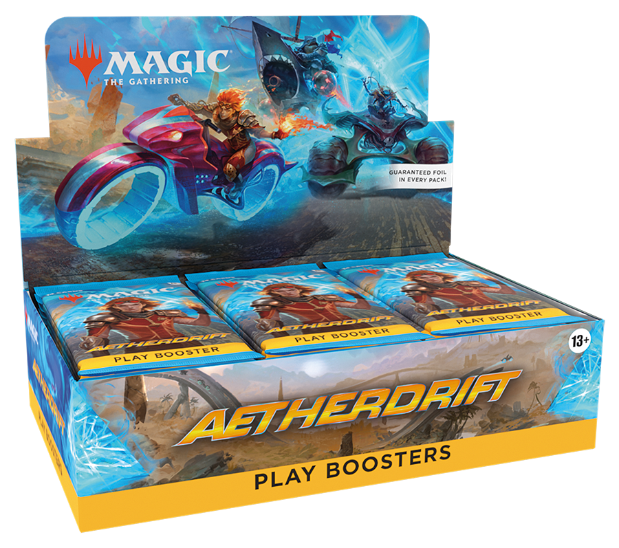 Display box of collectible Aetherdrift play booster packs with illustrated winged creature artwork