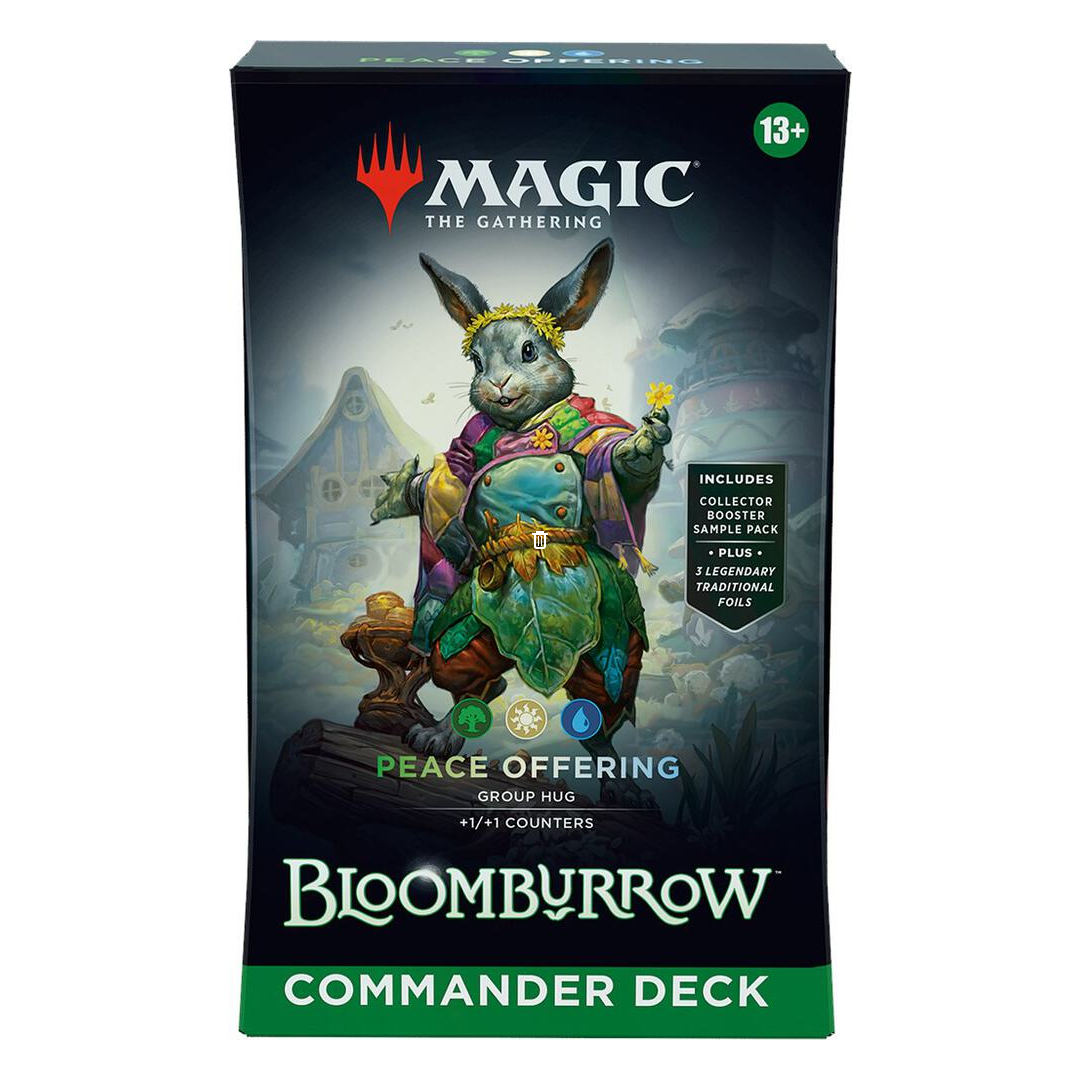 Commander deck box and colorful card sleeves with a peace-themed Magic: The Gathering artwork