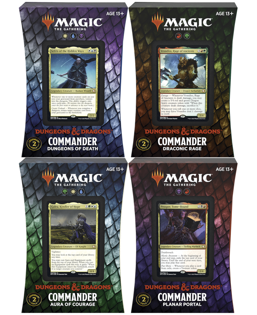 Display box of Dungeons & Dragons commander decks featuring fantasy artwork of monsters and heroes on a tabletop