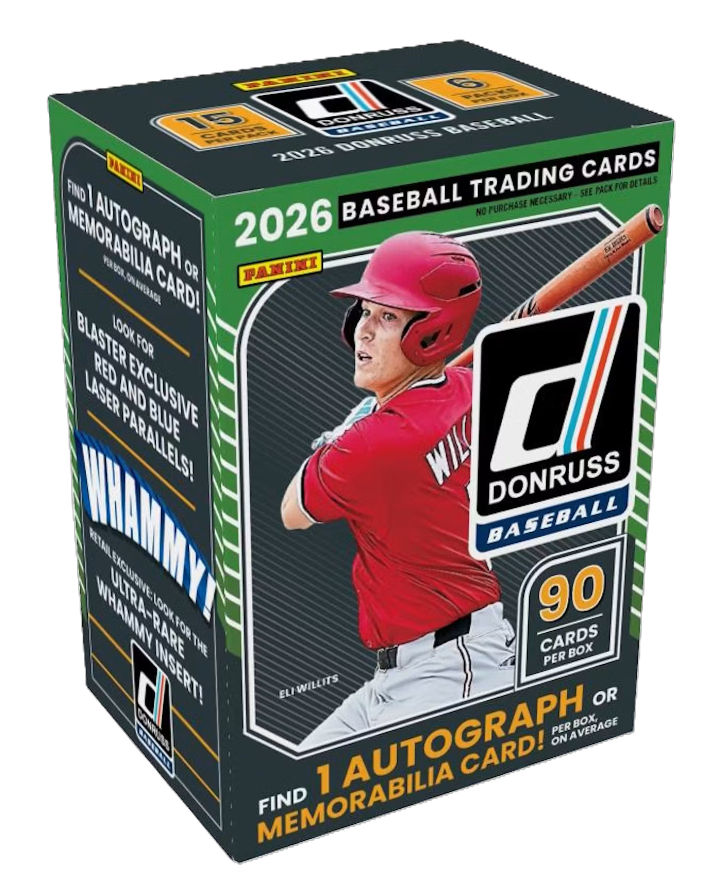 2026 Panini Donruss Baseball Hobby Blaster Box on white background showing colorful card pack artwork